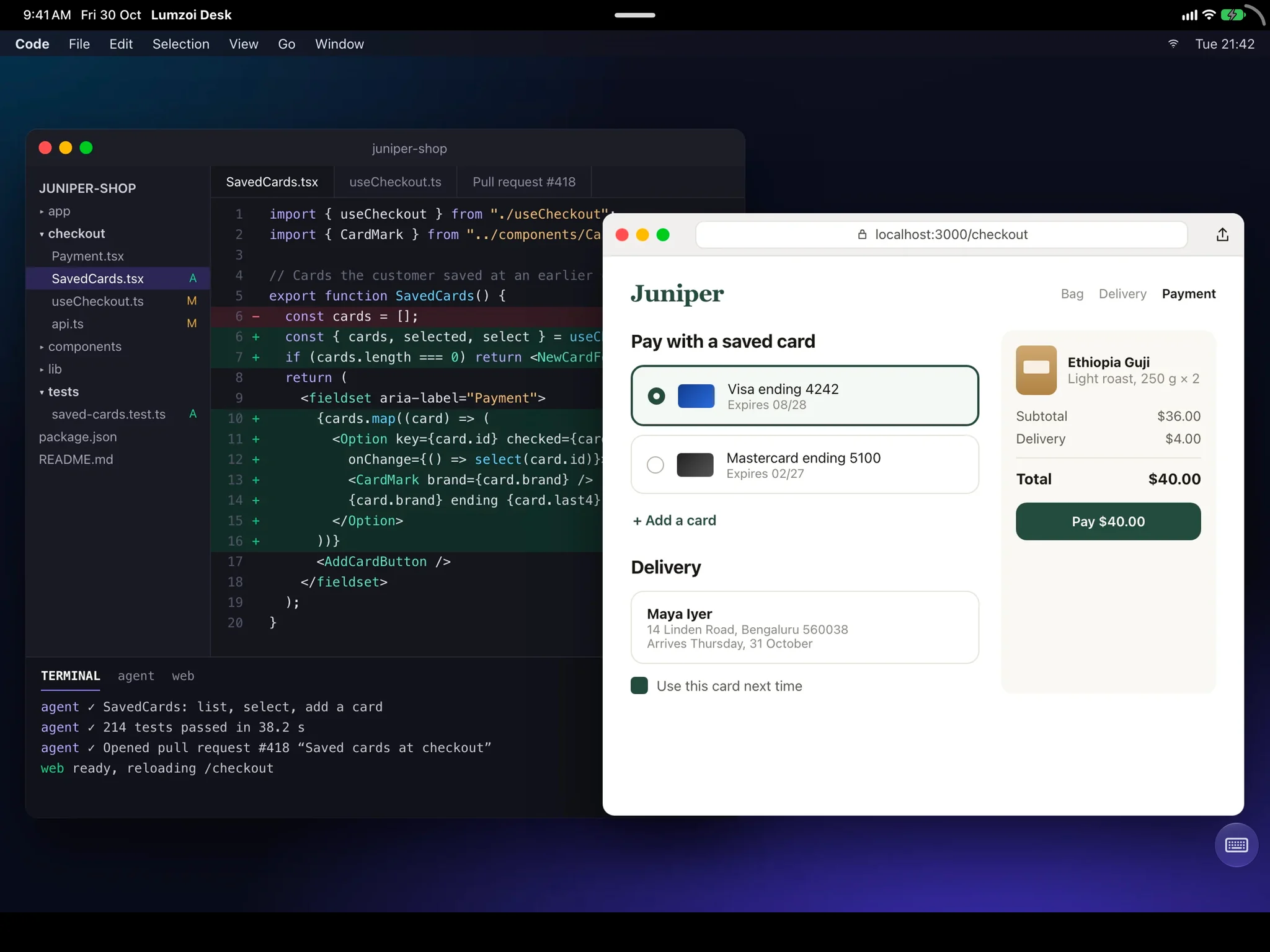 Lumzoi Desk on iPad showing a Mac's desktop: a code editor and a web shop's checkout page.