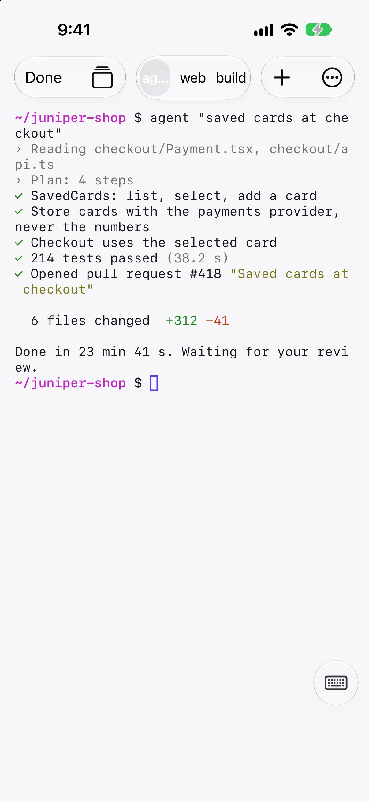 Lumzoi Desk's terminal on iPhone: a coding agent reports its tests passed and it opened a pull request.